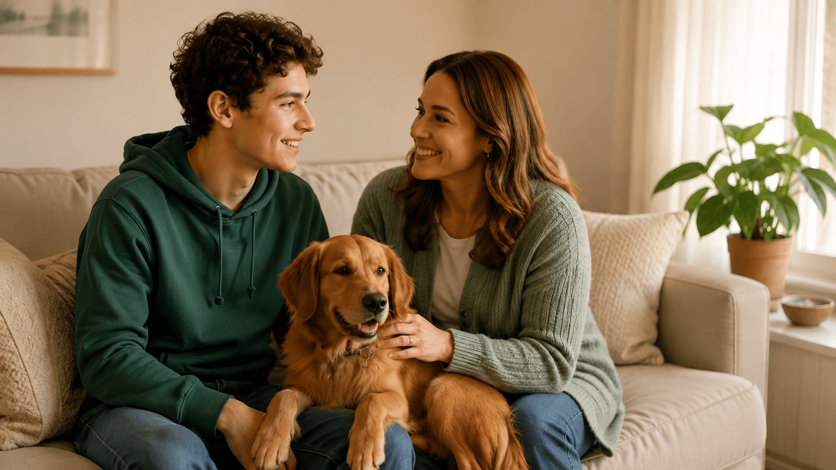 A student, his mother, and their dog spending time together at home