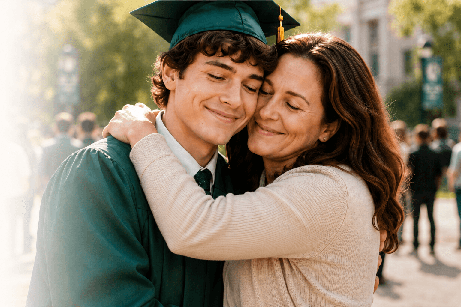 A graduate embracing his mother