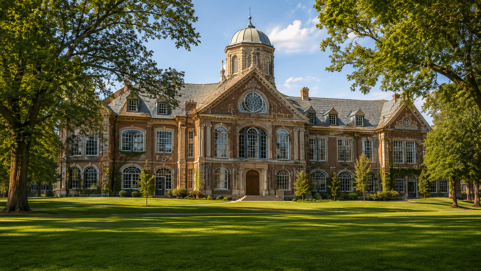 A college campus surrounded by trees