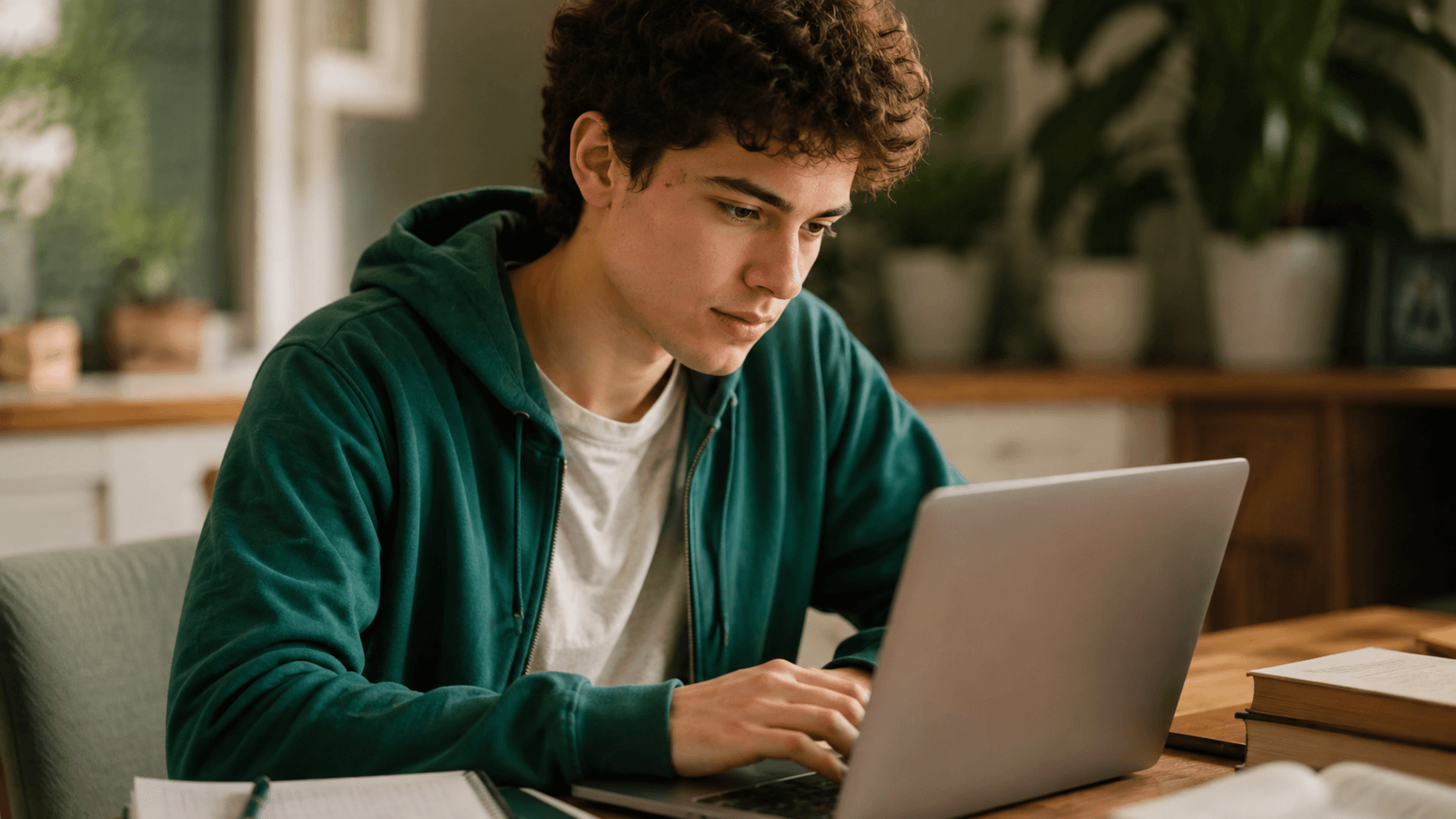 A student working on a laptop at home