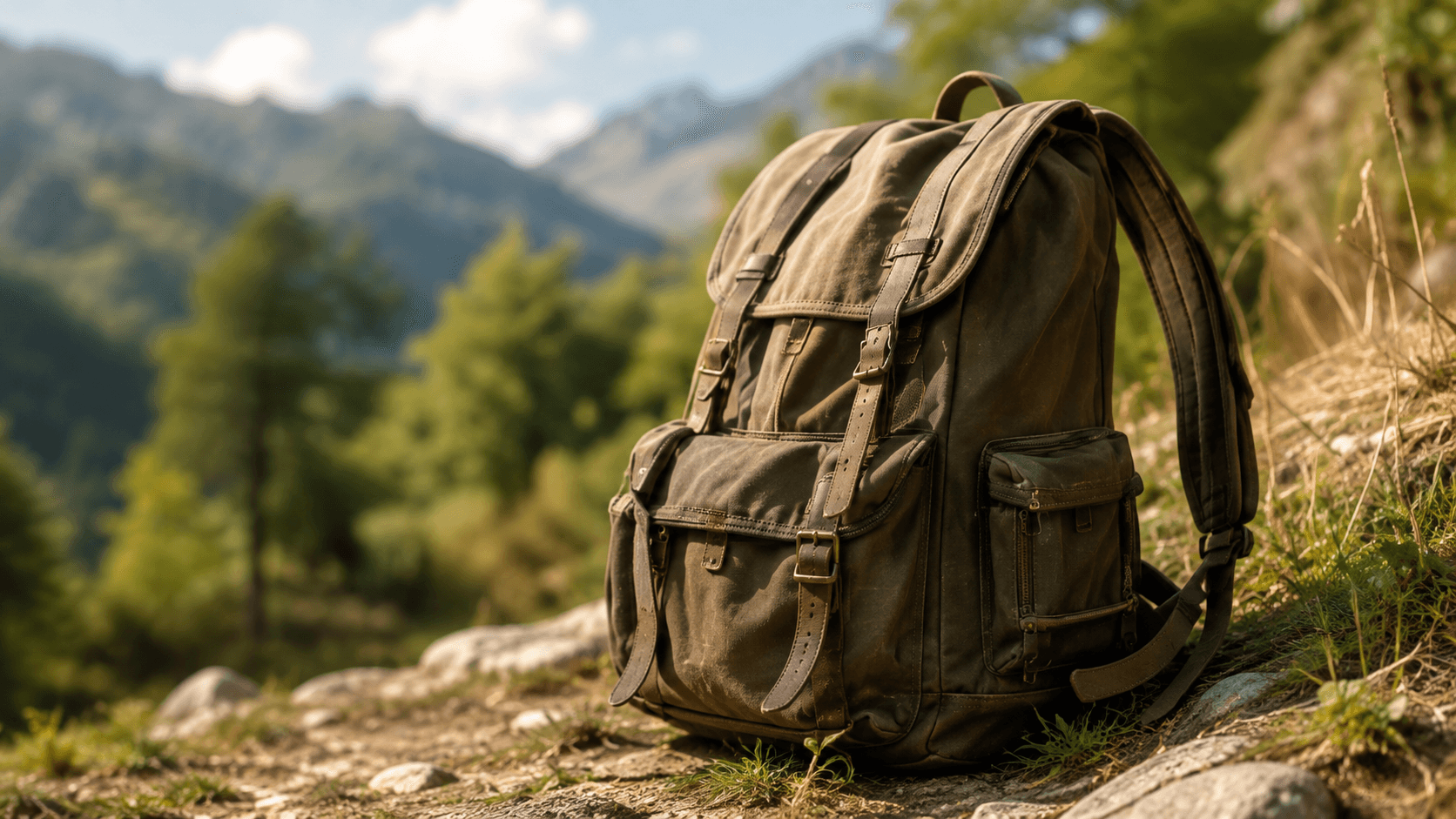 A backpack on a mountain trail